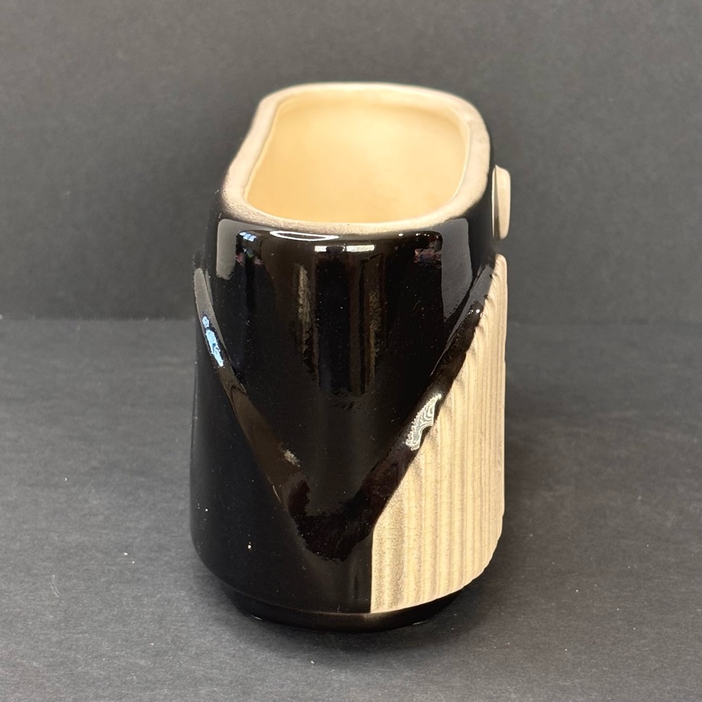 Art Deco Pottery Planter Vase Gloss Black White Royal Copley 7.25” long - Picture 4 of 9